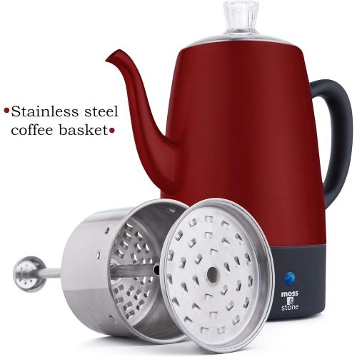  Moss & Stone Electric Coffee Percolator Red Body with Stainless Steel Lid Coffee Maker Percolator Electric Pot, Red Camping Coffee Pot - 10 Cups