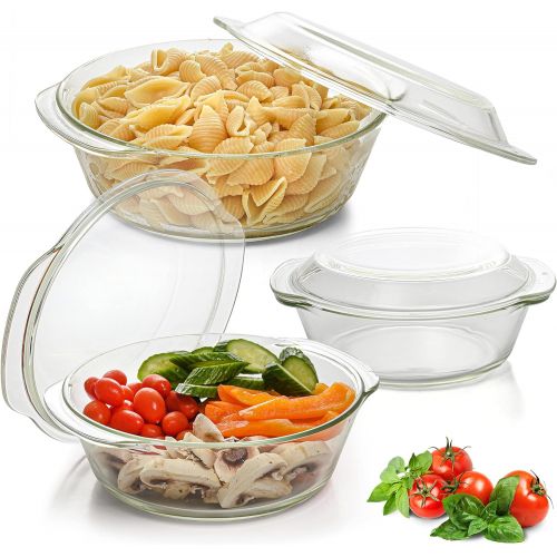  Moss & Stone Basics 3-Piece Glass Casserole With Covered - Made by Borosilicate Glass Durable Bakeware Set, Glass Bowls, Bakeware Dish Oven Safe, & Microwave Safe, Clear Glass Baki