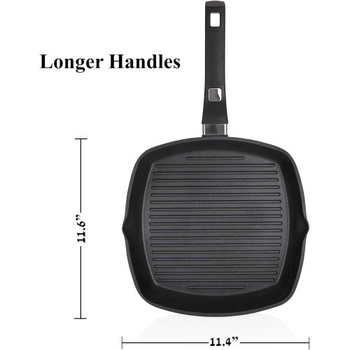  Griddle Aluminum Nonstick Stove Top Square Grill Pan,Chef Quality Perfect for Meats Steak Fish And Vegetables,Dishwasher Safe,11 inch, Black By Moss & Stone (Comes With a Special C