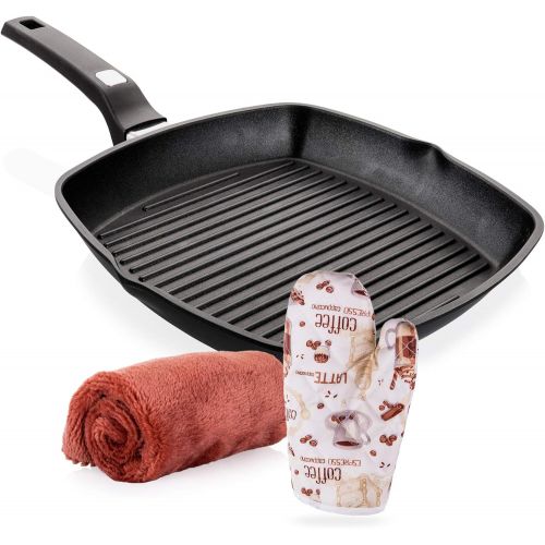  [아마존베스트]Griddle Aluminum Nonstick Stove Top Square Grill Pan,Chef Quality Perfect for Meats Steaks Fish And Vegetables,Dishwasher Safe,11 inch, Black By Moss & Stone (Comes With a Special