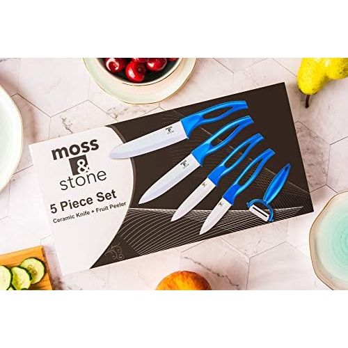  [아마존베스트]Ceramic Knife Set and Fruit Peeler Rust Proof And Stain Resistant, Kitchen cooking knife set With Nice Gift Box (5 pieces) By Moss & Stone