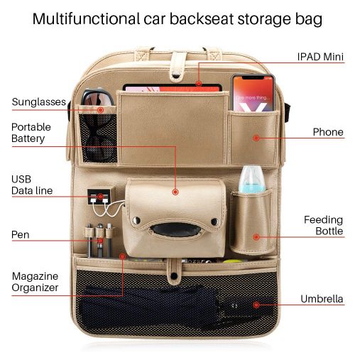  MotorFansClub Car Back Seat Organizer, PU Leather Auto Car Pocket Organizer Storage Bag Laptop Ipad Mobile Table Holder Tray 4 USB Charging Port