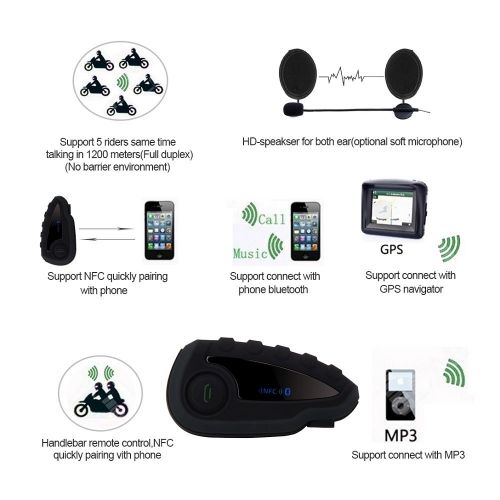  ESoku Vnetphone V8 BT 3.0 Bluetooth Intercom Motorcycle Helmet Waterproof Interphone Headset 5 Riders up to 1200M Wireless communication Walkie Talkie Connecting to MP3GPS & FM
