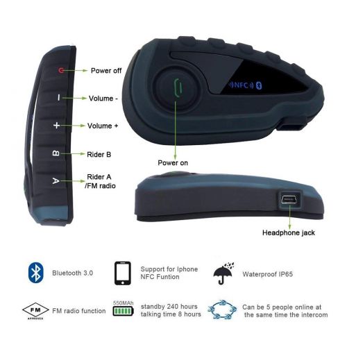  ESoku Vnetphone V8 BT 3.0 Bluetooth Intercom Motorcycle Helmet Waterproof Interphone Headset 5 Riders up to 1200M Wireless communication Walkie Talkie Connecting to MP3GPS & FM