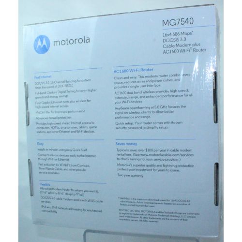 모토로라 Motorola MOTOROLA MG7540 16x4 Cable Modem plus AC1600 Dual Band Wi-Fi Gigabit Router, 686 Mbps Maximum DOCSIS 3.0 - Approved by Comcast Xfinity, Cox, Charter Spectrum, More