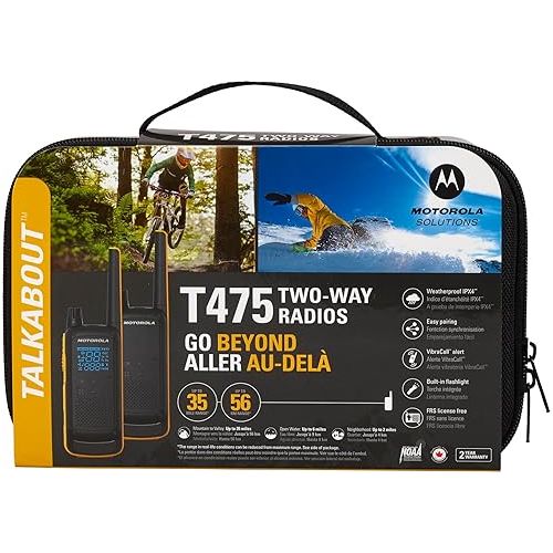 모토로라 Motorola Talkabout T475 Two Way Radio 4-Pack Walkie Talkies Black/Yellow 22 Channels PTT Earpieces Carrying Case