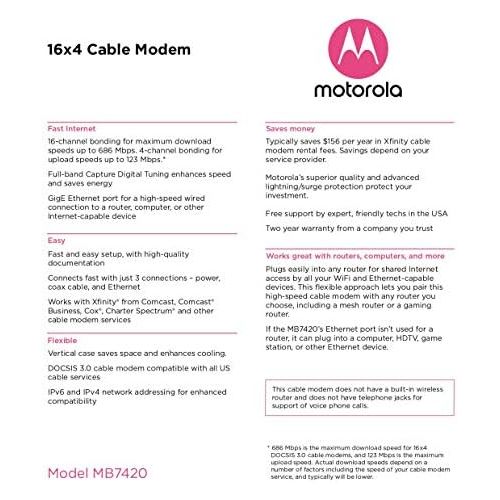 모토로라 [아마존베스트]MOTOROLA 16x4 Cable Modem, Model MB7420, 686 Mbps DOCSIS 3.0, Certified by Comcast XFINITY, Charter Spectrum, Time Warner Cable, Cox, BrightHouse, and More