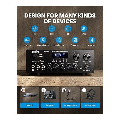  Moukey Home Audio Amplifier Stereo Receivers with Bluetooth 5.0, 400W 2.0 Channel Power Amplifier Stereo System w/USB, SD, AUX, RCA, MIC in w/Echo, LED for Karaoke, Home Theater Speakers - MAMP1