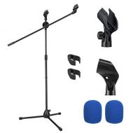 Moukey Microphone Mic Stand, Tripod Boom Microphone Stand with 2 Non-Slip Mic Clip Holders and 2 Foam Cover, Collapsible and Adjustable Design, Suitable for Shure SM7B / SM58, Blac
