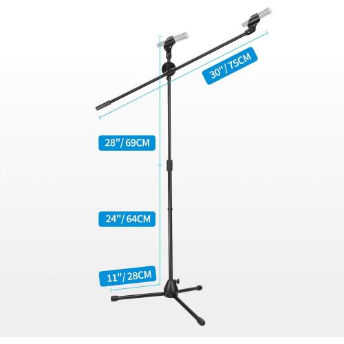  Moukey Microphone Mic Stand, Tripod Boom Microphone Stand with 2 Non-Slip Mic Clip Holders and 2 Foam Cover, Collapsible and Adjustable Design, Suitable for Shure SM7B / SM58, Blac