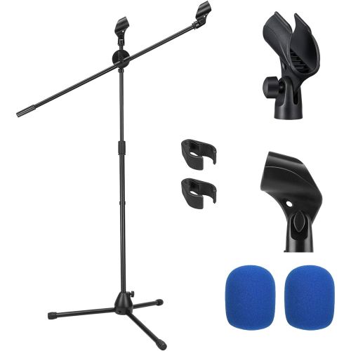  Moukey Microphone Mic Stand, Tripod Boom Microphone Stand with 2 Non-Slip Mic Clip Holders and 2 Foam Cover, Collapsible and Adjustable Design, Suitable for Shure SM7B / SM58, Blac