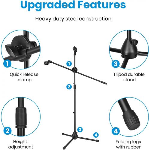  Moukey Microphone Mic Stand, Tripod Boom Microphone Stand with 2 Non-Slip Mic Clip Holders and 2 Foam Cover, Collapsible and Adjustable Design, Suitable for Shure SM7B / SM58, Blac