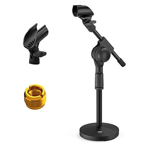  Moukey MMS-5 Adjustable Desk Mic Stand Desktop Tabletop Table Top Short Microphone Stand with Gear Fixing, Boom arm, 3/8 and 5/8 Adapter; Base Size - 5.5 Diameter (Max bearing weig