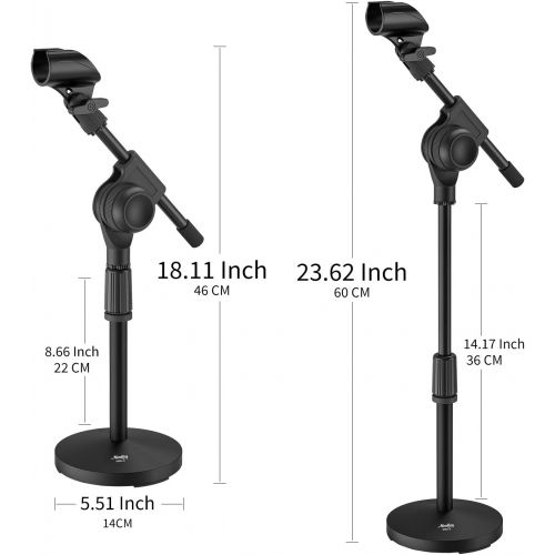  Moukey MMS-5 Adjustable Desk Mic Stand Desktop Tabletop Table Top Short Microphone Stand with Gear Fixing, Boom arm, 3/8 and 5/8 Adapter; Base Size - 5.5 Diameter (Max bearing weig