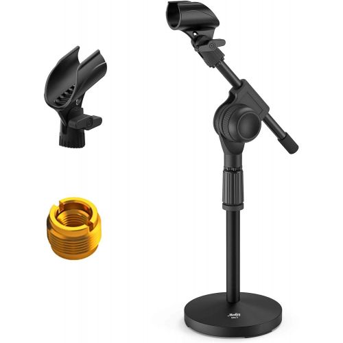  Moukey MMS-5 Adjustable Desk Mic Stand Desktop Tabletop Table Top Short Microphone Stand with Gear Fixing, Boom arm, 3/8 and 5/8 Adapter; Base Size - 5.5 Diameter (Max bearing weig