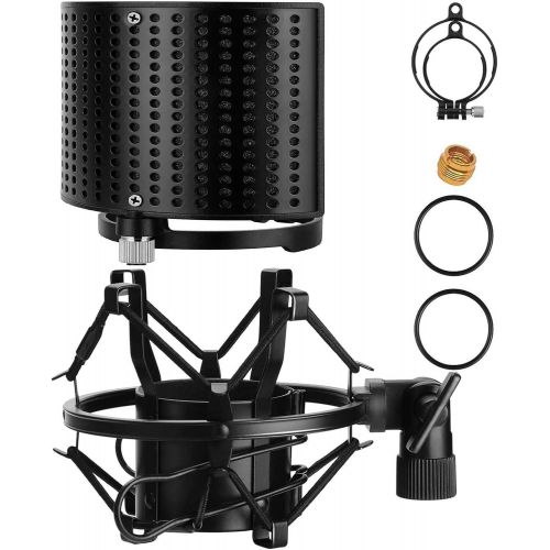  Moukey Microphone Shock Mount with Metal Pop Filter, Compatible with 49mm-54mm Diameter Mic AT2020 /AT2020USB Except Blue Yeti, Anti-Vibration Suspension Shock Mount with Screw Ada