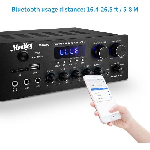  Moukey Home Audio Amplifier Stereo Receivers with Bluetooth 5.0, 220W 2 Channel Power Amplifier Stereo System, w/USB, SD, AUX, MIC in w/Echo, LED for Home Theater Speakers via RCA,