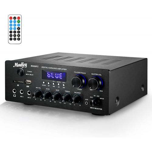  Moukey Home Audio Amplifier Stereo Receivers with Bluetooth 5.0, 220W 2 Channel Power Amplifier Stereo System, w/USB, SD, AUX, MIC in w/Echo, LED for Home Theater Speakers via RCA,