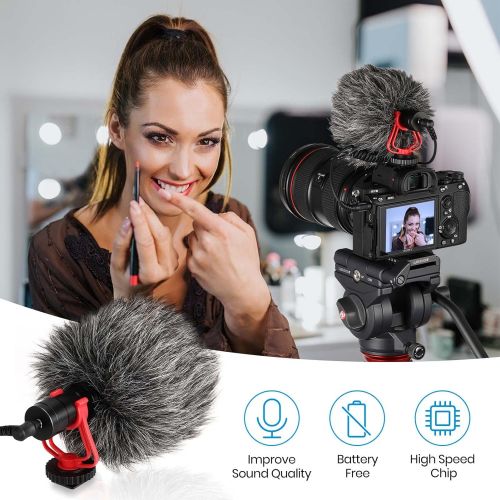  Moukey Video Microphone, Camera Microphone with Shock Mount, Windshield, Foam Cover & Bag, Professional Vlogging Kit for iPhone, Android Smartphone, DSLR Camera & Camcorder, Batter