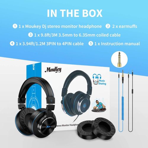  Moukey Studio Monitor Headphone - Dj Mixing Headphones, DJ Stereo Headsets Wired Over Ear Headphones with 1/4 to 3.5mm for Home Amplifiers, Dj Equipment Electronic Instruments MMh-