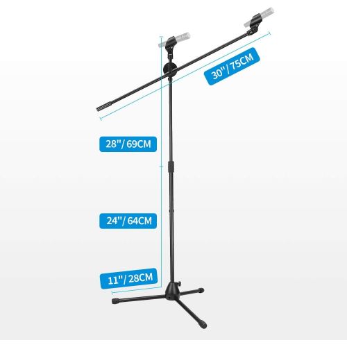  Moukey Microphone Stand, Tripod Boom Mic Stand with 2 Non-Slip Mic Clip Holders & 2 Foam Covers, Collapsible Adjustable Mic Stand for Singing, Karaoke, Stage and Outdoor Activities