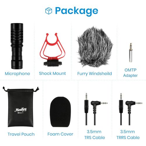  Moukey Video Microphone, Camera Microphone with Shock Mount, Windshield, Foam Cover & Bag, Professional Vlogging Kit for iPhone, Android Smartphone, DSLR Camera & Camcorder, Batter