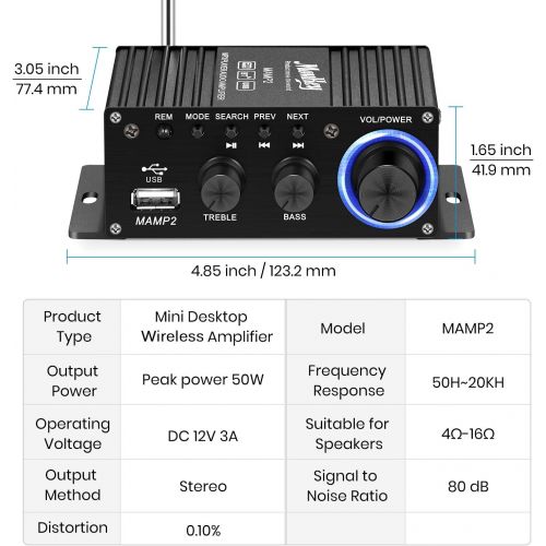  [아마존베스트]Moukey Mini Stereo Amplifier with Bluetooth - for Speakers, ipad, Phones, Computers, Car, Home use - 50W Dual Channel Sound Power Audio Receiver USB, AUX, FM, Remote Control, Power