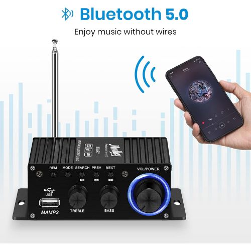  [아마존베스트]Moukey Mini Stereo Amplifier with Bluetooth - for Speakers, ipad, Phones, Computers, Car, Home use - 50W Dual Channel Sound Power Audio Receiver USB, AUX, FM, Remote Control, Power