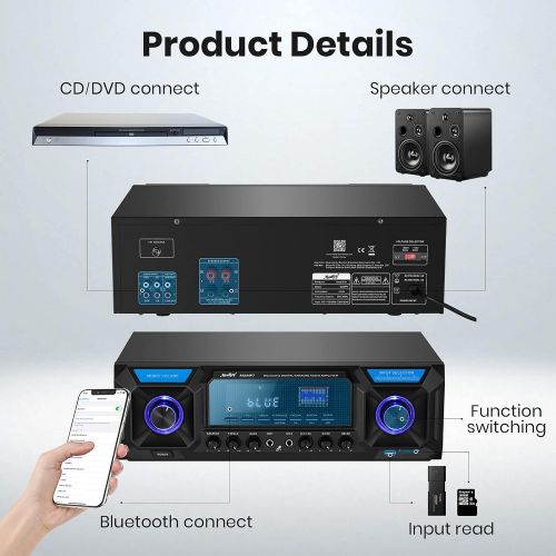  Moukey Home Audio Amplifier Stereo Receiver Bluetooth 5.0- 330W 2 Channel FM, with USB/SD, 2 Mic in Echo, RCA/3.5mm AUX, LED, Remote for Home Speaker/Party Karaoke-MAMP7
