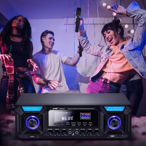 Moukey Home Audio Amplifier Stereo Receiver Bluetooth 5.0- 330W 2 Channel FM, with USB/SD, 2 Mic in Echo, RCA/3.5mm AUX, LED, Remote for Home Speaker/Party Karaoke-MAMP7