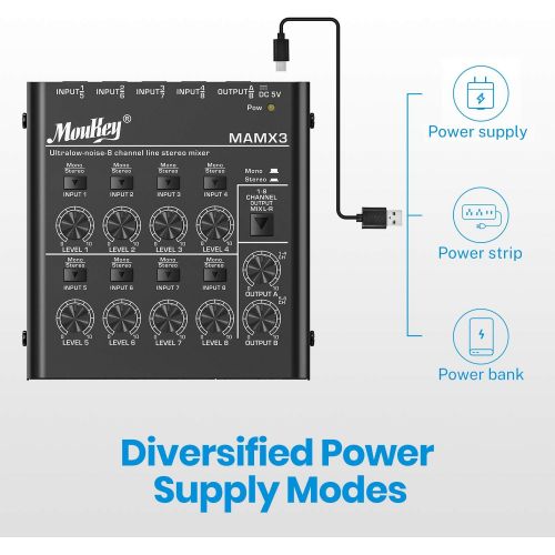  [아마존베스트]Moukey Ultra Low-Noise 8-Channel Line Mixer for Sub-Mixing, DC 5V 8-Stereo Mini Audio Mixer, Ideal for Small Clubs or Bars. As Microphones, Guitars, Bass, Keyboards or Stage Mixer-