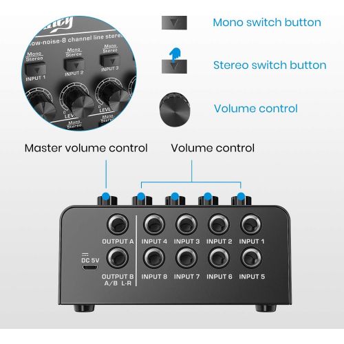  [아마존베스트]Moukey Ultra Low-Noise 8-Channel Line Mixer for Sub-Mixing, DC 5V 8-Stereo Mini Audio Mixer, Ideal for Small Clubs or Bars. As Microphones, Guitars, Bass, Keyboards or Stage Mixer-