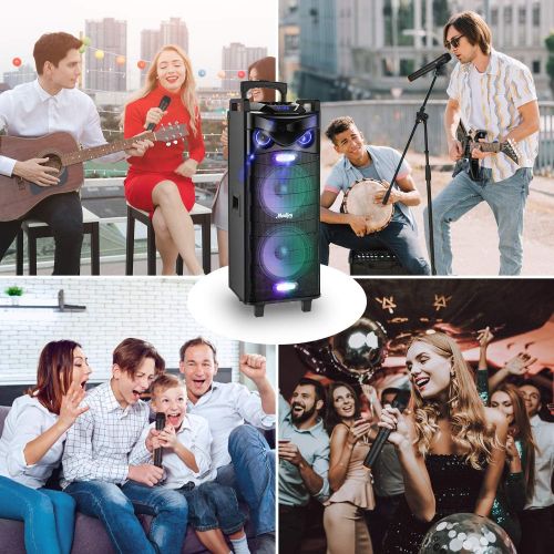  [아마존베스트]Moukey Karaoke Machine PA System,1040W Peak Power Bluetooth Karaoke Speaker System-PA Stereo with Double 10 Subwoofer,DJ Lights,Rechargeable Battery, VHF Microphone,Recording,MP3/U