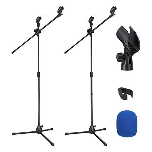  [아마존베스트]Microphone Stand Moukey Adjustable Tripod Boom Tripod Microphone Stand with Dual Non-Slip Microphone Clips and Dual Foam Cover, Black (Pack of 2) - MMs-3