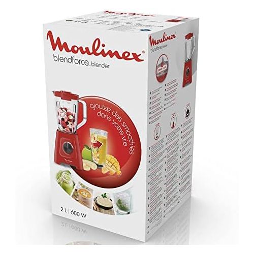  Moulinex LM420510 Blendforce Elektrischer Standmixer Kapazitat 2 l geeignet fuer Smoothie, Suppe, Obst, Gemuese, gemahlenes Eis, 600 W Rot