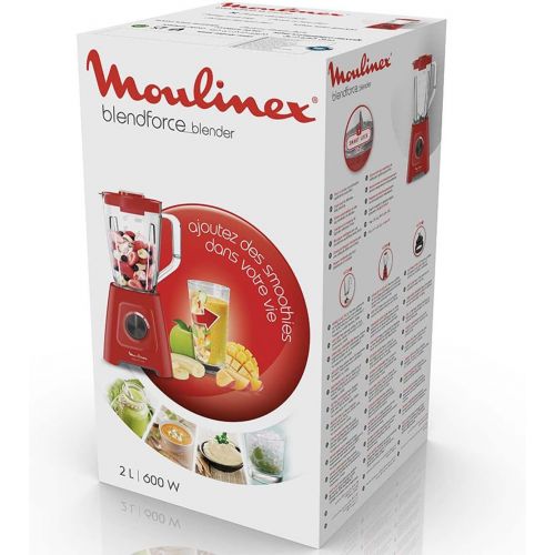  Moulinex LM420510 Blendforce Elektrischer Standmixer Kapazitat 2 l geeignet fuer Smoothie, Suppe, Obst, Gemuese, gemahlenes Eis, 600 W Rot