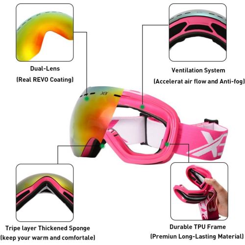  [아마존베스트]Mounchain Ski Goggles, OTG Snowboard Goggles 100% UV Protection, Snow Goggles Anti-Fog, Helmet Compatible, Interchangeable Lens for Men Women Skiing Snowmobile Skating