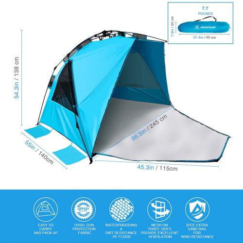  Mounchain Beach Tent Easy Setup, 3-4 Person Family Camping Tent, Waterproof Beach Tent Quick Pop Up for Hiking Picnic Traveling and Fishing