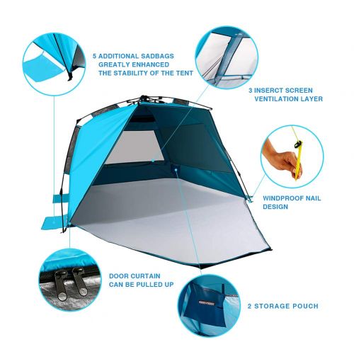  Mounchain Beach Tent Easy Setup, 3-4 Person Family Camping Tent, Waterproof Beach Tent Quick Pop Up for Hiking Picnic Traveling and Fishing