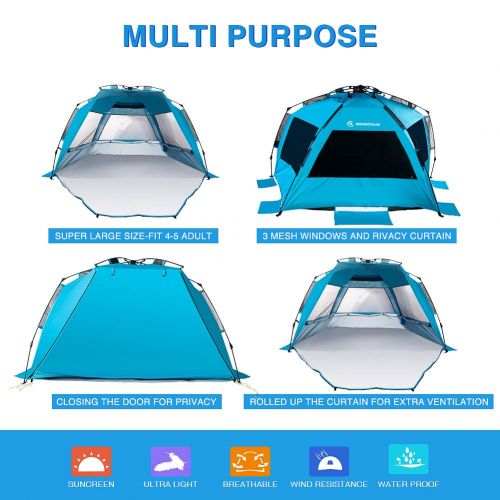  Mounchain Beach Tent Easy Setup, 3-4 Person Family Camping Tent, Waterproof Beach Tent Quick Pop Up for Hiking Picnic Traveling and Fishing