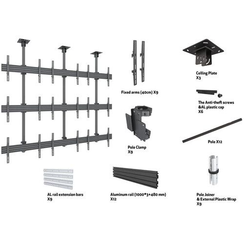  Mount-It! Nine-Screen Three-Pole Ceiling Mount (3 Top-to-Bottom, 3 Side-to-Side)
