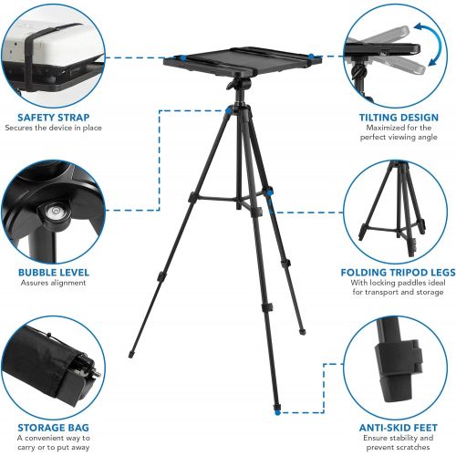  Mount-It! Projector Tripod Stand - Tilting Tray Provides Perfect Viewing Angles Stable on Carpet, Hardwood & Grass - Double Harness Straps Built in Folding Projector Mount fits into Nylon Ca