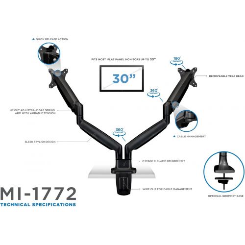  Mount-It! Dual Monitor Arm Mount | Desk Stand | Two Articulating Gas Spring Height Adjustable Arms | Fits 2 x 24 27 29 30 32 Inch VESA 75 100 Compatible Screens | C-Clamp and Gromm