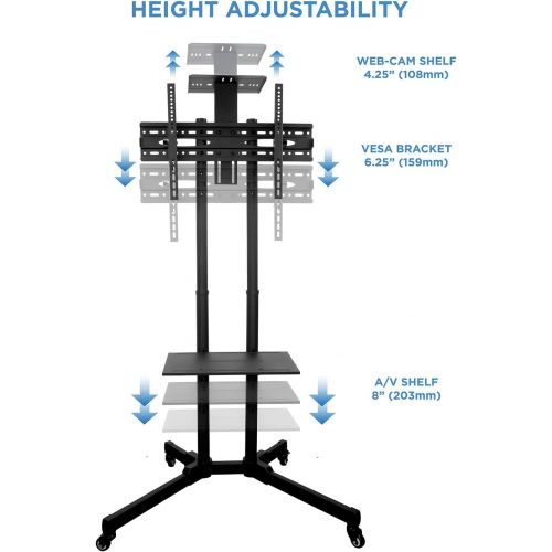  Mount-It! TV Cart Mobile TV Stand Wheeled Height Adjustable Flat Screen Television Floor Stands with Rolling Casters and Shelf, VESA Compatible TV Mount Bracket Fits Displays 37 to