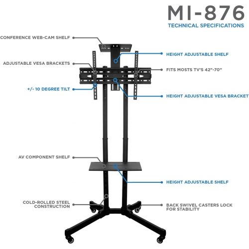  Mount-It! TV Cart Mobile TV Stand Wheeled Height Adjustable Flat Screen Television Floor Stands with Rolling Casters and Shelf, VESA Compatible TV Mount Bracket Fits Displays 37 to