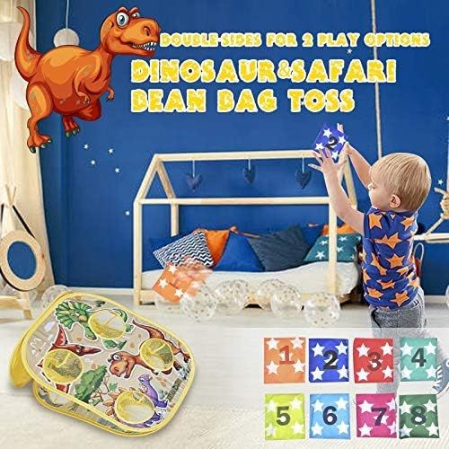  MountRhino Bean Bag Toss Game Toy for Kids Dinosaur & Safari Double Sided Toddler Cornhole Board 8 Colorful Beanbags Collapsible Indoor Outdoor Games for Boys Girls Best Gift for K