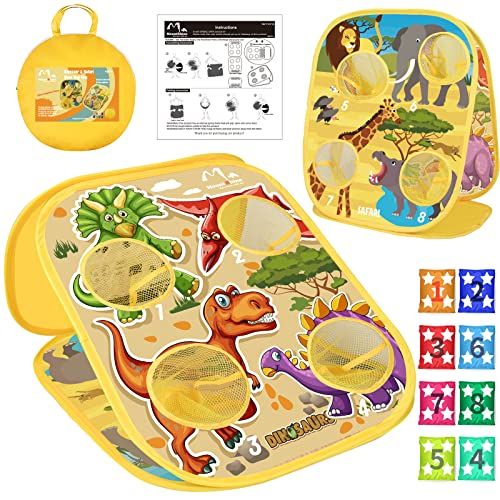  MountRhino Bean Bag Toss Game Toy for Kids Dinosaur & Safari Double Sided Toddler Cornhole Board 8 Colorful Beanbags Collapsible Indoor Outdoor Games for Boys Girls Best Gift for K