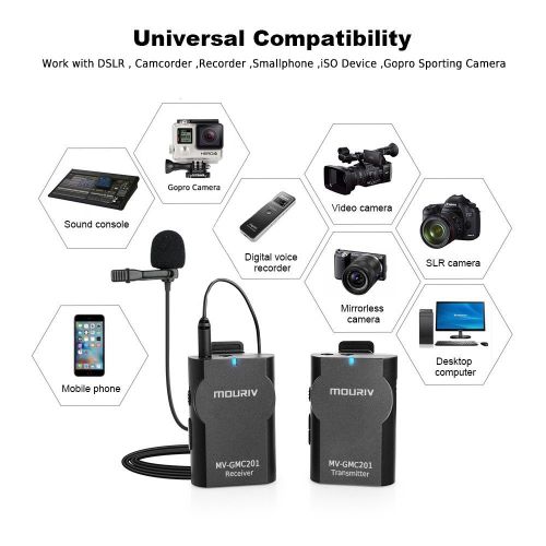  Mouriv Newest MOURIV MV-GMC201 2.4G Universal Lavalier Wireless Microphone System Lapel Mic with Real-time Monitor for DSLR Camera, Camcorder, IOS iPhone, Android Smartphone Phone, Tablet