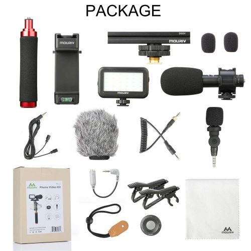  Mouriv PV-1 Smartphone Video Kit with Grip Rig, Pro Stereo Microphone, LED Light & Wireless Remote - for iPhone 5, 5C, 5S, 6, 6S, 7, 8, X, XS, XS Max, Samsung Galaxy, Note & More