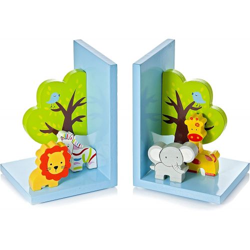  [아마존베스트]Mousehouse 3D Safari Themed Wooden Childrens Animal Bookends for Boys or Girls Nursery or Bedroom